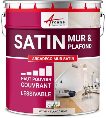 Peinture Murale Satinée Lessivable Mur et Plafond 10 L Blanc Crème | Peinture Murale Satinée, Fort Pouvoir Couvrant, Lessivable, Séchage Rapide, Murs et Plafonds - Arcane Industries