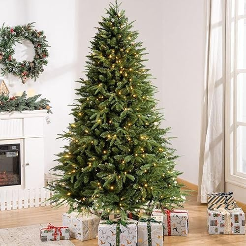 Soontrans Künstlicher Weihnachtsbaum Miwa 2 in 1 Weihnachtsbaum mit Beleuchtung, Naturgetreue Fichte-Optik mit 1150 PVC+PE Zweigen, Pre-lit Lichterkette 4500 Warmweiß Licht mit 8 Leuchtmodi (H 225 cm)