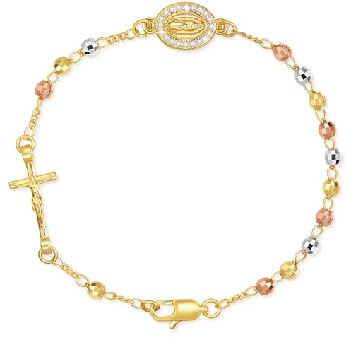 Bracelet chapelet catholique pour femme - Plaqué or 14 carats - Vierge Marie Jésus - Chaîne à maillons - Cadeau religieux délicat pour confirmation, baptême, première communion
