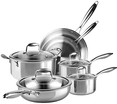 La Moustache - Juego de Ollas y Sartenes【10 Piezas】Batería de Acero Inoxidable Ø16, 20, 24 cm + Tapas de Vidrio sin PFOA para Todas las Cocinas, Incluso Inducción, Apta para Lavavajillas (Titan Inox)