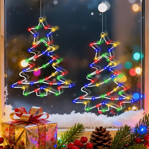 Weihnachtsdeko Innen Fenster Beleuchtung Mit Saugnapf Timer, 2 Stück Weihnachtsbaum Fesnter Litcher Mit Metallrahmen 100 LEDs Weihnachtsfensterdeko Für Weihnachten Dekoration Balkon Party
