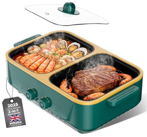 2-in-1 Electric Hot Pot and Grill Combo,1000W Dual Temper Control, Fast Heating - Indoor Cooking Appliance for BBQ, Steaks, Noodles & More - Suitable for Up to 3 People (Dark green)