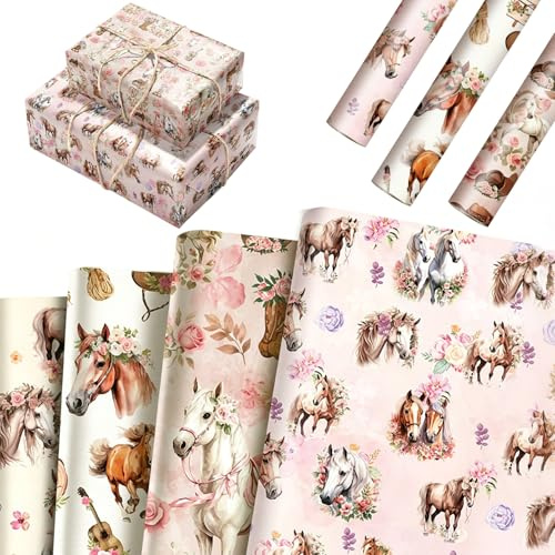 Unvtap Pferde Geschenkpapier Mädchen Geburtstag, Geschenkpapier Pferde Set 12 Blatt, Pferd Geburtstag Deko, Geschenk für Pferdeliebhaber