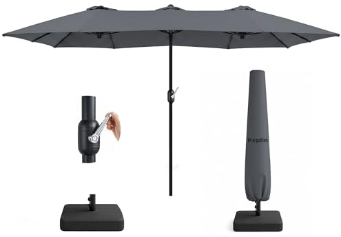 KEPLIN Double Garden Parasol with Base and Cover 4.5x2.7m – Extra Large Outdoor Patio Umbrella, 12 Steel Ribs, 180gsm Polyester Canopy, Crank Handle, Weather Resistant Shade, UV Protective, Grey