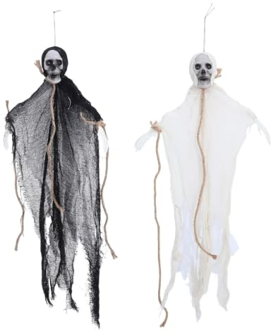 INOOMP 2 Pezzi Decorazione di Halloween Figura Appesa e Teschio in Plastica e Tessuto, Facile da Appendere, per Giardino Esterno e Atmosfera Spaventosa