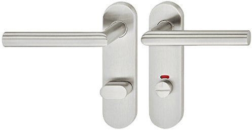 JUVA Design Drückergarnitur - WC-Bad links - Edelstahl Türbeschlag Matt Gebürstet - Türklinke für Innentüren - Türgriff mit Kurzschild für Zimmertüren inkl. Schrauben - Türdrücker Garnitur