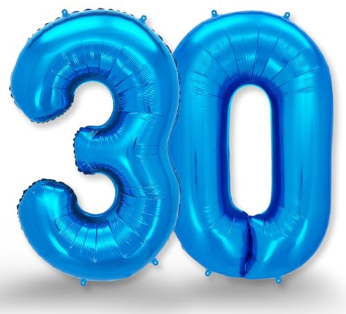 FUNXGO Folien-Ballon 30, Helium-Ballon, Luftballon-Zahl, nachfüllbare Riesen-Ballonzahl, Party-Deko zum 30. Geburtstag, Jubiläum, Hochzeit, blau