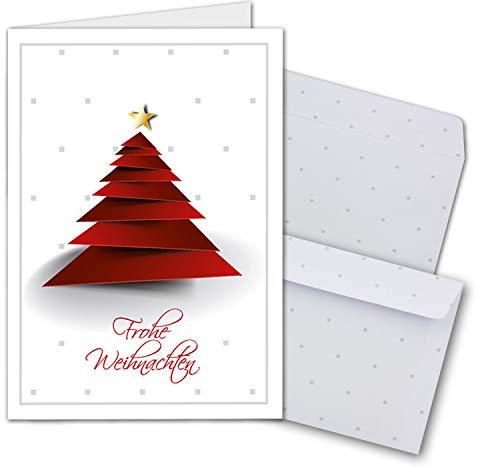 NEUSER PAPIER 20x Weihnachtskarten-Set DIN A6 in Weiß mit rotem Design Weihnachtsbaum - Faltkarten mit passenden Umschlägen - Weihnachtsgrüße für Firmen und Privat