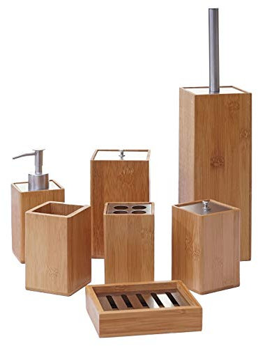 Mendler 7-teiliges Badset HWC-A90, WC-Garnitur Badezimmerset Badaccessoires Seifenspender Zahnbürstenhalter Seifenschale, Bambus