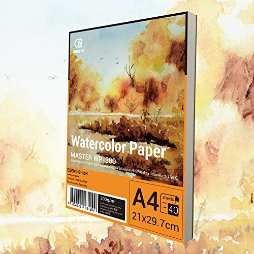 ESENG® Premium Aquarellpapier DIN A4-40x Blätte - 300GSM - Weiß, Aquarellblock, Malblock Papier für Aquarell, Zeichnen, Malen