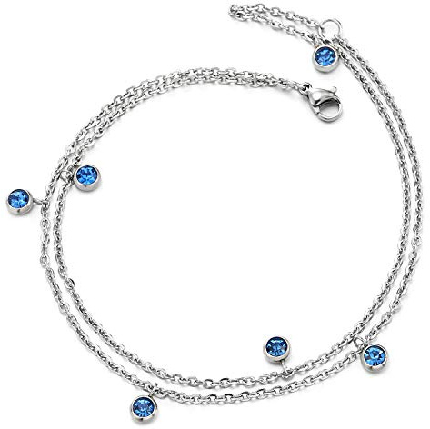 COOLSTEELANDBEYOND Zweireihige Edelstahl Damen-Fußkette Fußkettchen mit Baumelnde Kreis Charme von Solitaire Blau Zirkonia
