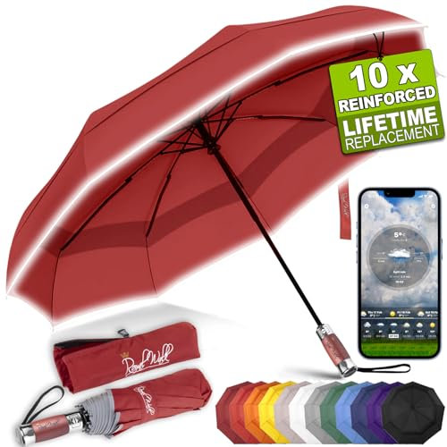 Royal Walk Windproof Folding Travel Umbrella Compact and Strong Luxurious Real Wood Handle Automatic Open Close Vented Double Canopy for Men and Women (Dark Red)