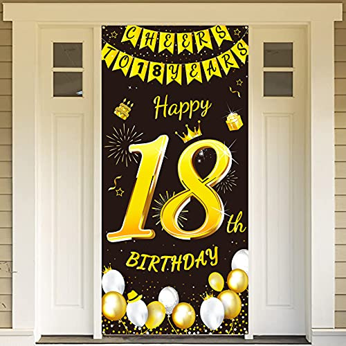 DPKOW Schwarz Gold 18. Geburtstag Deko Junge Mädchen, Schwarz Gold Tür Banner für 18. Geburtstag Tür Hintergrund Deko für Garten Tisch Wand, 185 x 90cm Stoff