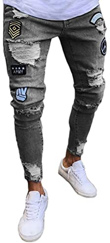 ORANDESIGNE Hombres Jeans Ajustados Pantalones Vaqueros Rasgados Pitillo Slim Fit Skinny Pantalone Casuales Elasticos Agujero Pantalón Personalidad Jeans de Insignia A Gris XS