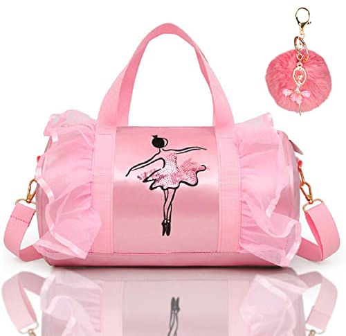 KingBig New in 2024 Cute Ballet Bag Kits Tutu Dress Dance Bag, Girls Personalized Waterproof Duffle Bag with Key Chain Cute Plush hanging Pink ball(Pink)