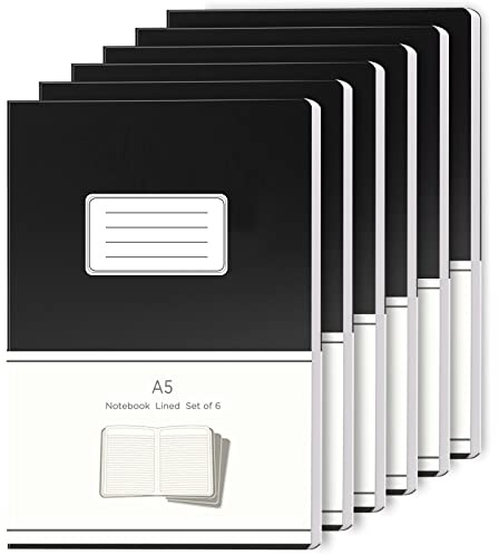 JiaWei 6 Stück Notizbuch A5 Liniert, 32 Blatt 64 Seite, 80 g/m², Notizheft, Notizbücher, Augenschutz-Papier, Einband aus Schwarz Kunstdruckpapier