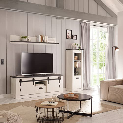 Lomadox Wohnwand TV-Wand Pinie weiß Nb. mit anthrazit 3-teilig Landhausstil, TV-Lowboard, Wandboard, Regal