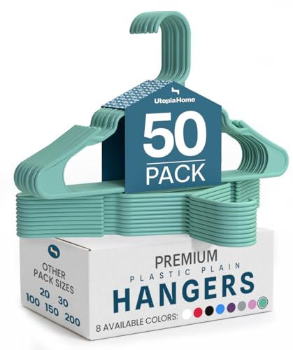 Utopia Home Plastic Hangers 50 Pack, Space Saving Plastic Clothes Hangers for Adults with Built-in Strap Hooks, Essential for Shirts, Pants, Skirts & Coats (Aqua)