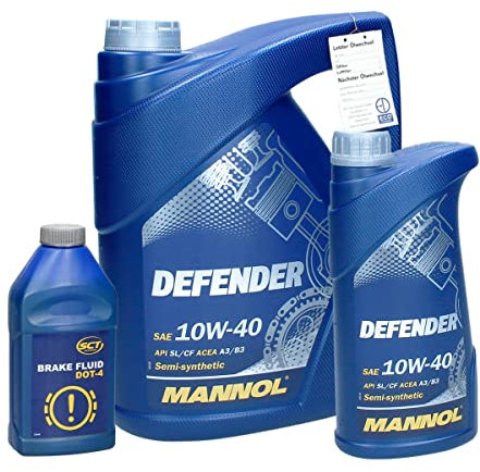 MANNOL Motoröl Defender SAE 10W-40 API SL/CF 5L + 1L (6 Liter) Teilsynthetisch Motorenöl + MANNOL Bremsflüssigkeit DOT-4 Brake Fluid 0,5L inkl. Ölwechselanhänger