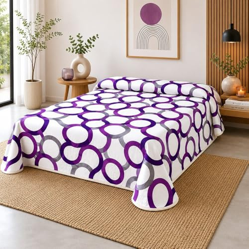 SABANALIA - Pack Colcha Cama 120 | Estampada Aros | 50% Algodón - 50% Poliéster | Cubrecama Primavera y Verano | + 1 cuadrante 50x50 + 1 Relleno de Fibra 50x50 | (220x280) | Lila