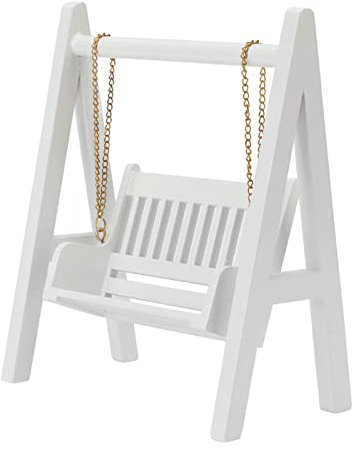 1/12 Puppenhaus Schaukel, Miniatur Holz Veranda Schaukel mit Goldener Kette, Weiße Mini Puppenhaus Dekoration