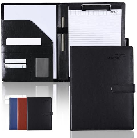 Fasood Schreibmappe A4 - Konferenzmappe mit Klemmbrett, Aktenmappe aus PU-Leder, Klemmbrettmappe mit Dokumentenfächern, Stiftehalter, Klappdeckel und Magnetverschluss (Schwarz)
