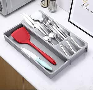 Panzy Home Expandable Cutlery Drawer Organiser, Compact Utensil Tray, Adjustable Silverware Holder, Grey