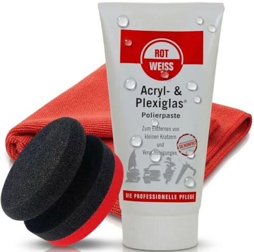 Craft-Equip Politurset bestehend aus Rotweiss Acryl Polierpaste 150ml + Microfasertuch + Handpolierschwamm