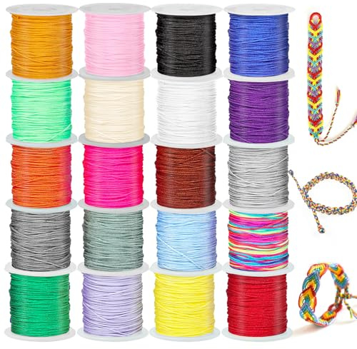 Glarks 20 rotoli di corda in nylon per braccialetti, 402 m di corda per nodo cinese, infilatura, filo per perline, kumihimo, macramè, corda in nylon per la creazione di collane, braccialetti