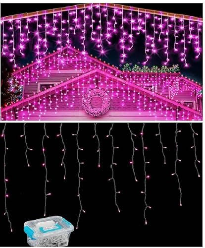 Phreewill Pink Battery Icicle Lights 13ft 200 LED Wedding Valentine's Day Indoor Outdoor Decoration Pink Lights Valentines Day Patio Garden Bedroom Christmas Use