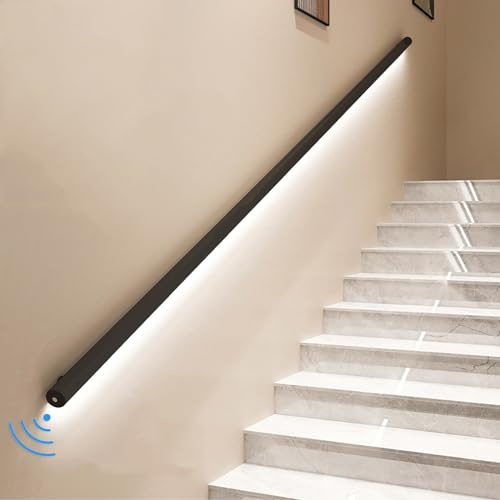 Yclty Pasamanos para escaleras con sensor de movimiento LED, pasamanos de pared para peldaños interiores, barandilla para escaleras con luz LED, negro (tamaño: Left-39 (100 cm))