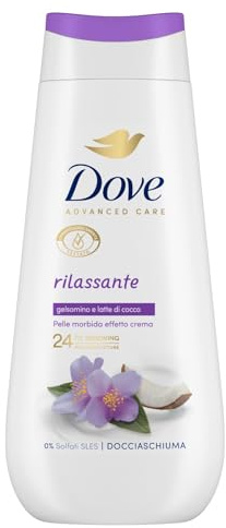 Dove Bagnoschiuma Rilassante, Bagnodoccia Idratante, Formula Delicata sul Microbioma della Pelle, con Agenti Idratanti Vegetali, Senza Solfati SLES, Bagnodoccia Uomo e Donna, 225 ml