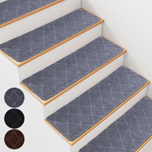 20 x 76cm Non-Slip Carpet Stair Treads for Wooden Steps, 15 Pack-ight Grey | Textured Carpet Surface,Clover pattern,Helps Improve Step Grip,Reusable Backing