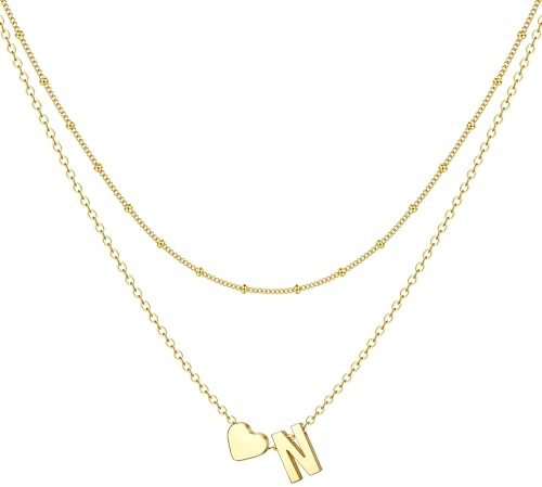 BodyBonita Kette mit Buchstabe - Layered Halskette Damen Gold, 14K Vergoldet Initialen Halskette Layered Goldkette Kette Mit Namen, Exquisit Anhänger A-Z Namenskette Personalisierte für Damen Mädchen