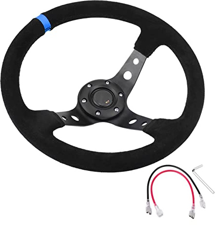 Volant universel 35 cm 14 pouces à 6 boulons Volant de course automobile avec klaxon Modification de voiture Cadre noir en daim Volant de sport à la dérive (Blue)