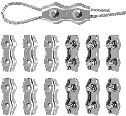 Drahtseilklemme 3mm, 12 Stück Duplex Edelstahl 304 Seilklemmen Set, geeignet für Stahlseil & Drahtseil, ideal für Wäscheleinenspanner, Markise & Befestigung von Zieh- & Hebevorrichtungen