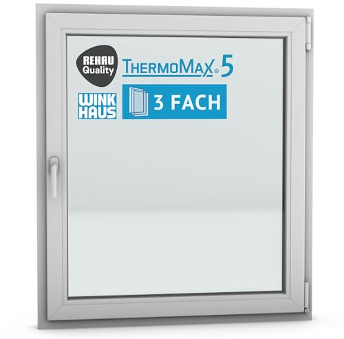 ThermoMax 5 Classic Kunststoff-Fenster, Uw-Wert 1,2, BxH: 105x120cm / 1050x1200mm, DIN rechts (Griff links), mit 3-fach Wärme-Isolier-Verglasung, Winkhaus Sicherheitssystem & Rehau Profil