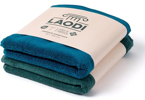 LAODI Premium Handtuch Set 2er 50x100 cm aus 100% Baumwolle – 570 g/m², saugfähig & weich – Made in Portugal, 2-Farben Set: Ozean Tiefblau & Antikes Grün