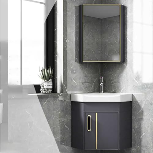 Mobile da bagno angolare con lavabo, armadietto a specchio e telaio in lega di alluminio, soluzione salvaspazio per bagni moderni