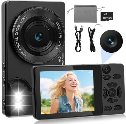 HERBYD Appareil Photo Numérique 4K 64MP avec Double Caméra Avant et Arrière, Appareil Photo Compact Portable, Zoom Numérique 18X, Écran 2,8 Pouces, Carte 32G pour Enfants, Adolescents & Débutants