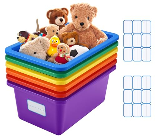 6 cajas de almacenamiento de plástico, canastas de almacenamiento de varios colores para aula, oficina, baño, cocina, armario, juguetes, hogar, contenedores de almacenamiento abiertos con etiqueta