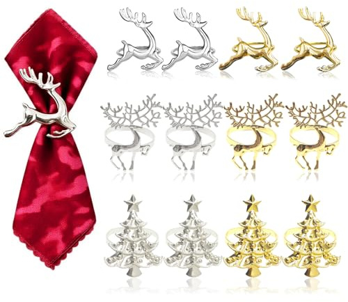 Serviettenringe Weihnachten, 12 Stück Gold und Silber Serviettenring Weihnachten, Rentier und Weihnachtsmuster Dekoratives Ornament Servietten Ringe für Feiertagsparty Tischdekoration