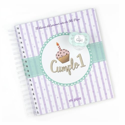 Mi Pipo - Diario de Nacimiento - Primer Año del Bebé | Libro de Recuerdos con Espacios para Fotos y Momentos Especiales | 44 Páginas | Incluye Chupete Bebe o Babero Infantil “Cumplo 1” Cómodo