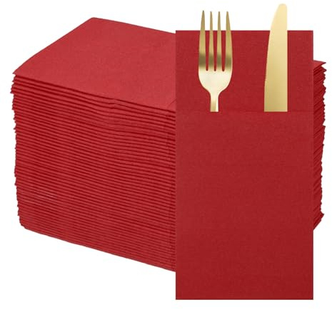 QUARKZMAN 100 Pcs Serviettes Jetables En Lin Avec Poches Intégrées Pour Couverts, Serviettes En Papier Pour Couteaux Et Fourchettes, Essuie-Mains Pour Mariage Rouge Foncé