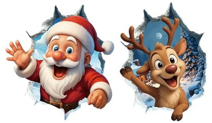 Kreativer Wandaufkleber, 3D-Weihnachtsaufkleber, 2 Bögen, für den Innenbereich, abnehmbar, wasserdicht, Weihnachtsmann-Rentier, Wanddekoration, Weihnachtsmann-Türaufkleber für Weihnachten, Fenster