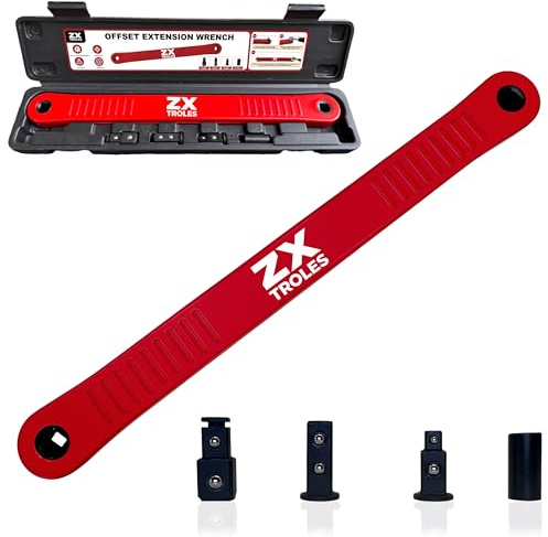 ZX TROLES 1/2 Offset Extension Wrench Impact Ready Socket Wrench Extender Tool Universal Extensions Wrench for Small Place, with Versatile 1/4, 3/8, and 1/2 Square Drive Adapters, Red