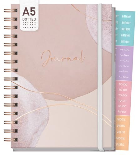 Häfft® dotted Journal Fancy A5 Ringbuch gepunktet Soft Beige | 160 nummerierte Seiten mit Punktraster, dickes 120g/m²-Papier, Sticker - Hardcover Notizbuch als Tagebuch, Journaling Buch