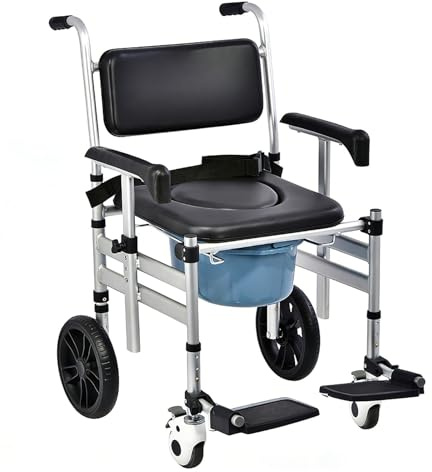 Chaise de Douche Pliable, fauteuil roulant de douche 4 en 1 pour salle de bain, chaise de toilette imperméable à roulettes avec seau amovible, pour personnes handicapées et âgées