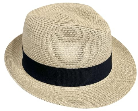 Wildarms Sombrero Fedora de Paja para Mujer Estilo Panamá, Sombrero de Verano con Banda Negra, Ligero, Transpirable y Elegante(Beige,59)