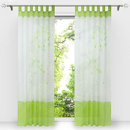 HongYa 1er-Pack Bestickte Gardine Transparenter Voile Vorhang Schlaufenschal H/B 175/140 cm Grün